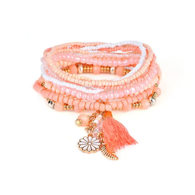 Liuyuwei Trendy Boho Multilayer Charm Bracelets&Bangles for Women Tassel Flower Pendant Crystal Beads Strand Bracelets YWLG8048