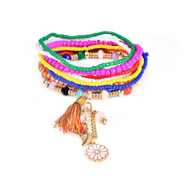 Liuyuwei Trendy Boho Multilayer Charm Bracelets&Bangles for Women Tassel Flower Pendant Crystal Beads Strand Bracelets YWLG8048