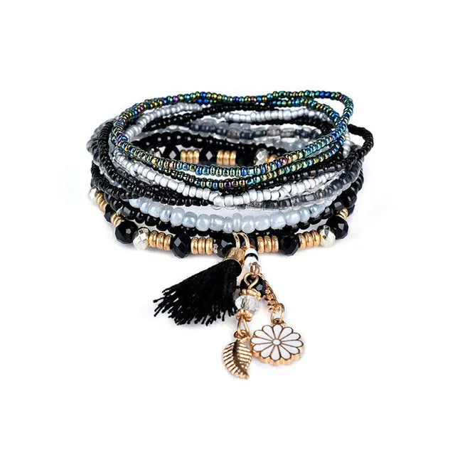 Liuyuwei Trendy Boho Multilayer Charm Bracelets&Bangles for Women Tassel Flower Pendant Crystal Beads Strand Bracelets YWLG8048