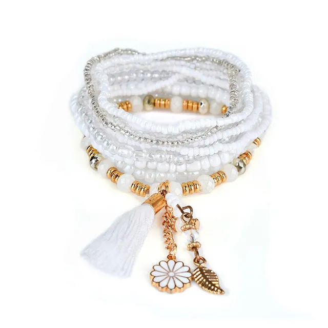 Liuyuwei Trendy Boho Multilayer Charm Bracelets&Bangles for Women Tassel Flower Pendant Crystal Beads Strand Bracelets YWLG8048