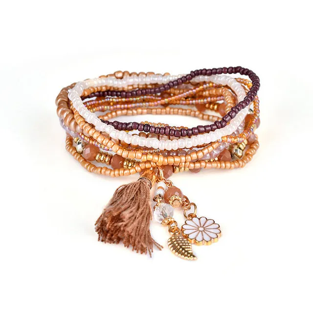 Liuyuwei Trendy Boho Multilayer Charm Bracelets&Bangles for Women Tassel Flower Pendant Crystal Beads Strand Bracelets YWLG8048