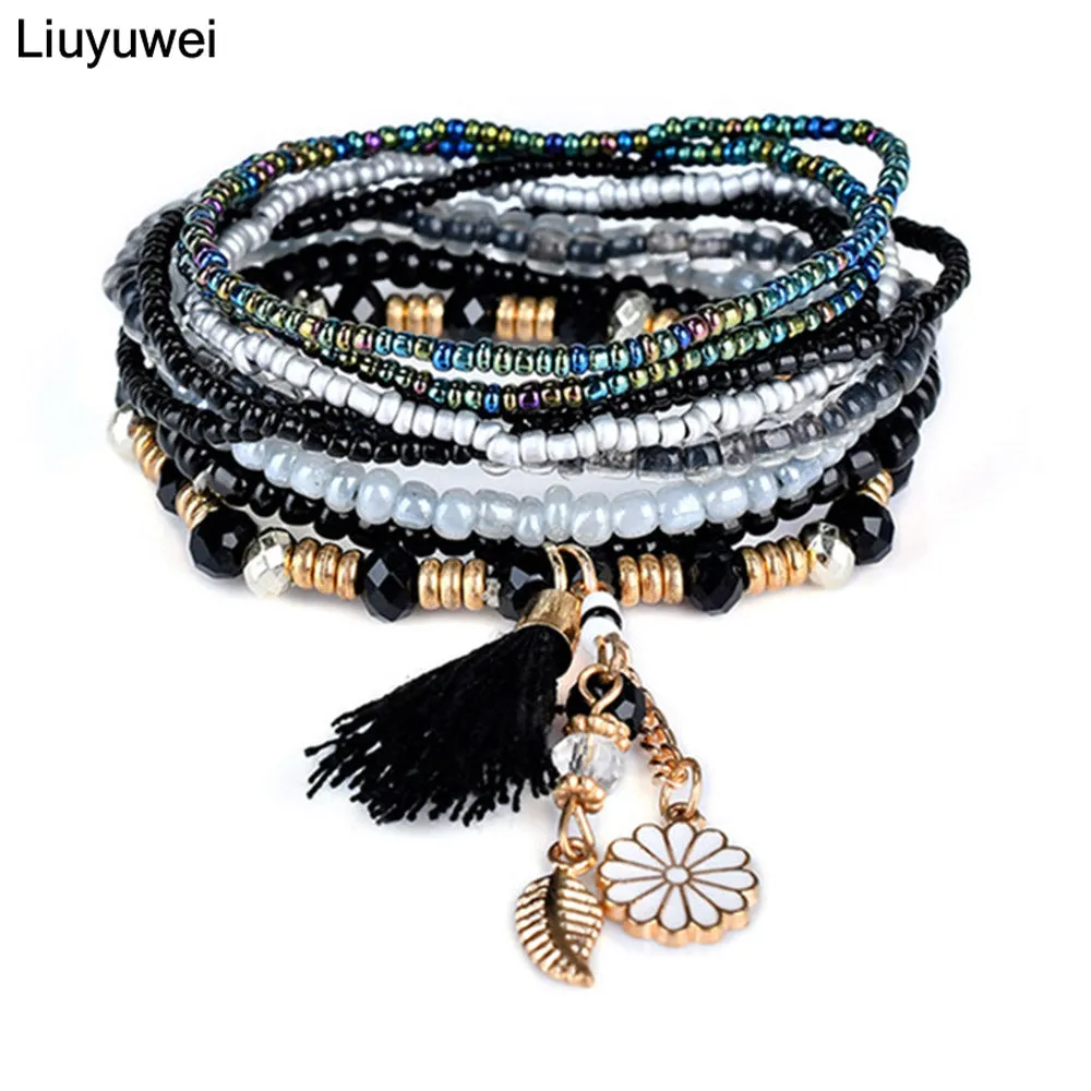 Liuyuwei Trendy Boho Multilayer Charm Bracelets&Bangles for Women Tassel Flower Pendant Crystal Beads Strand Bracelets YWLG8048