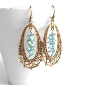 Long Oval Earrings - elongated lacy filigree in antique brass/bronze with tiny blue bead cluster center - fancy decorative boho