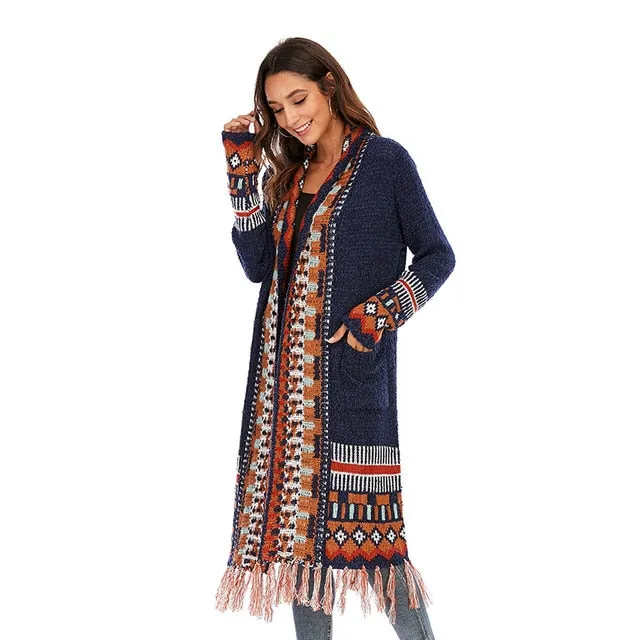 Long Sleeve Knitted Tassel Cardigan