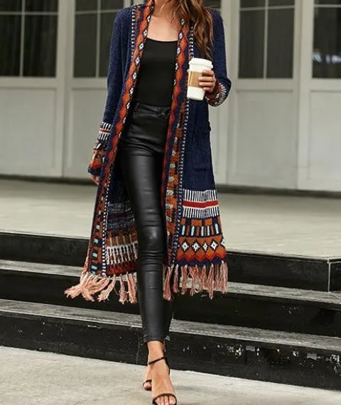Long Sleeve Knitted Tassel Cardigan