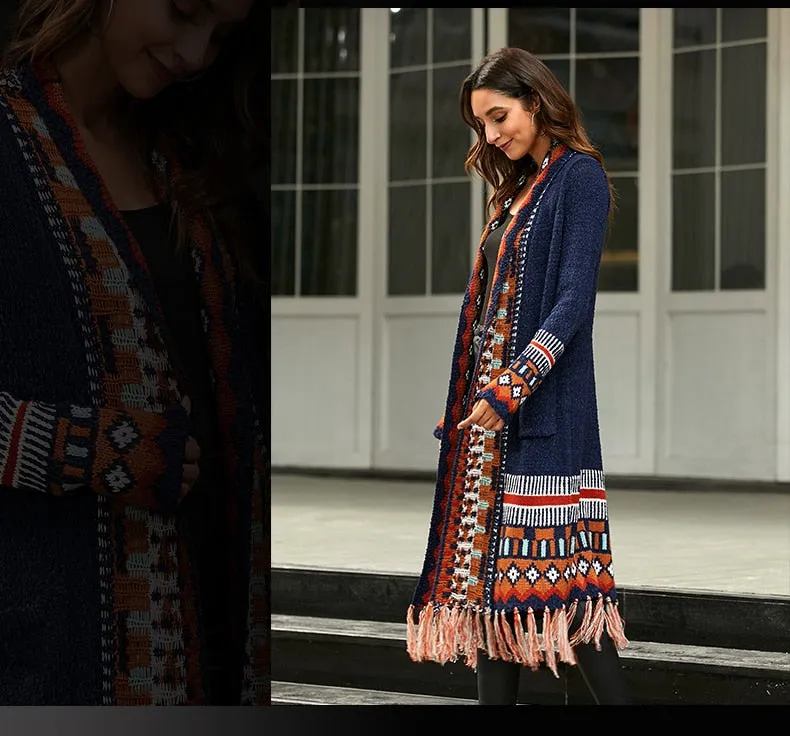 Long Sleeve Knitted Tassel Cardigan