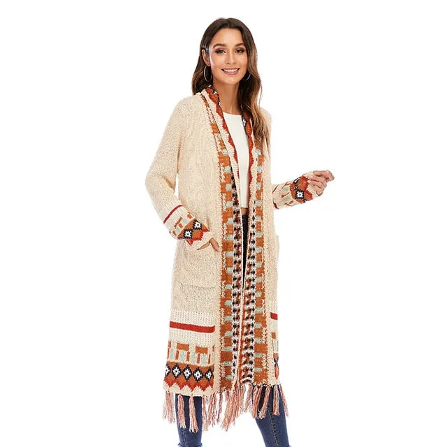 Long Sleeve Knitted Tassel Cardigan