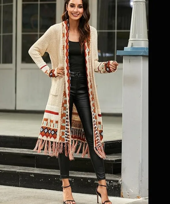 Long Sleeve Knitted Tassel Cardigan