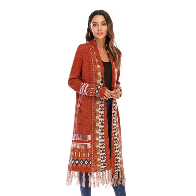 Long Sleeve Knitted Tassel Cardigan