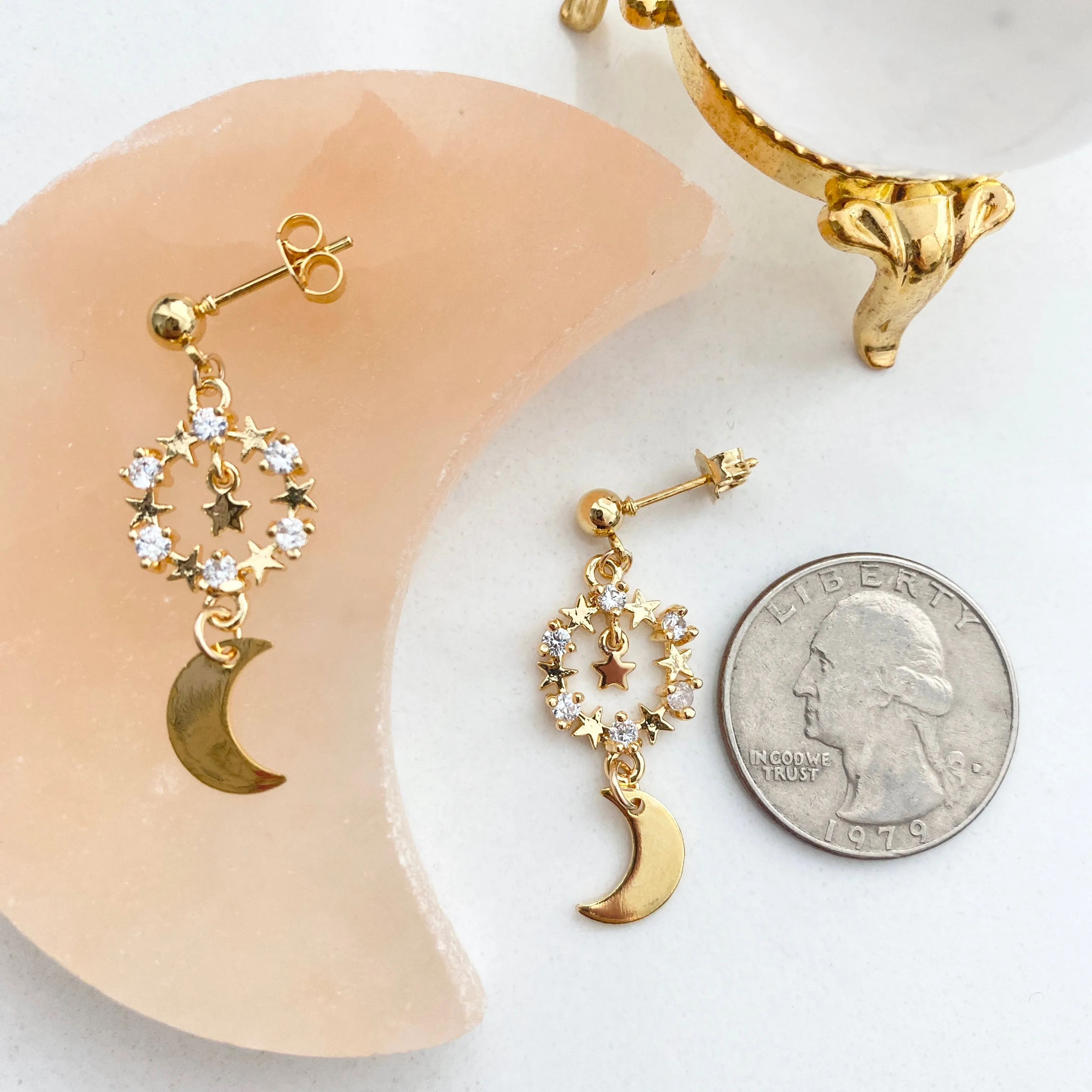 Lorina Sparkly Star And Moon Dangly Earrings
