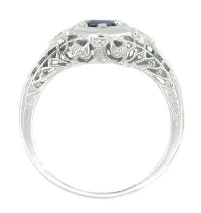 Low Set Blue Sapphire and Diamond Art Deco Filigree Ring in 14 Karat White Gold