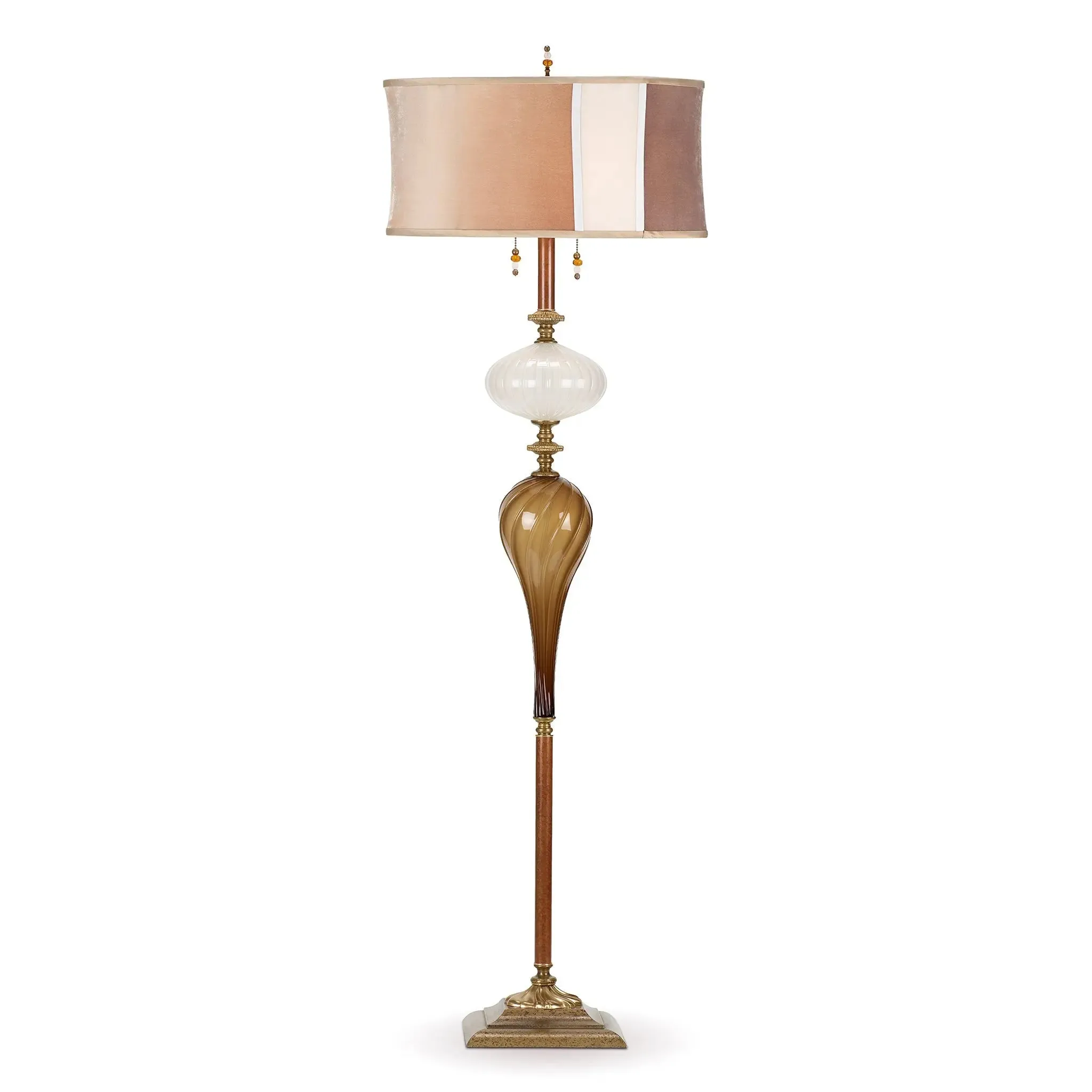 Luke Floor Lamp F230AK175 Colors White and Brown Blown Glass Base with Silk Velvet Neutral Colored Shade Artistic by Kinzig Design