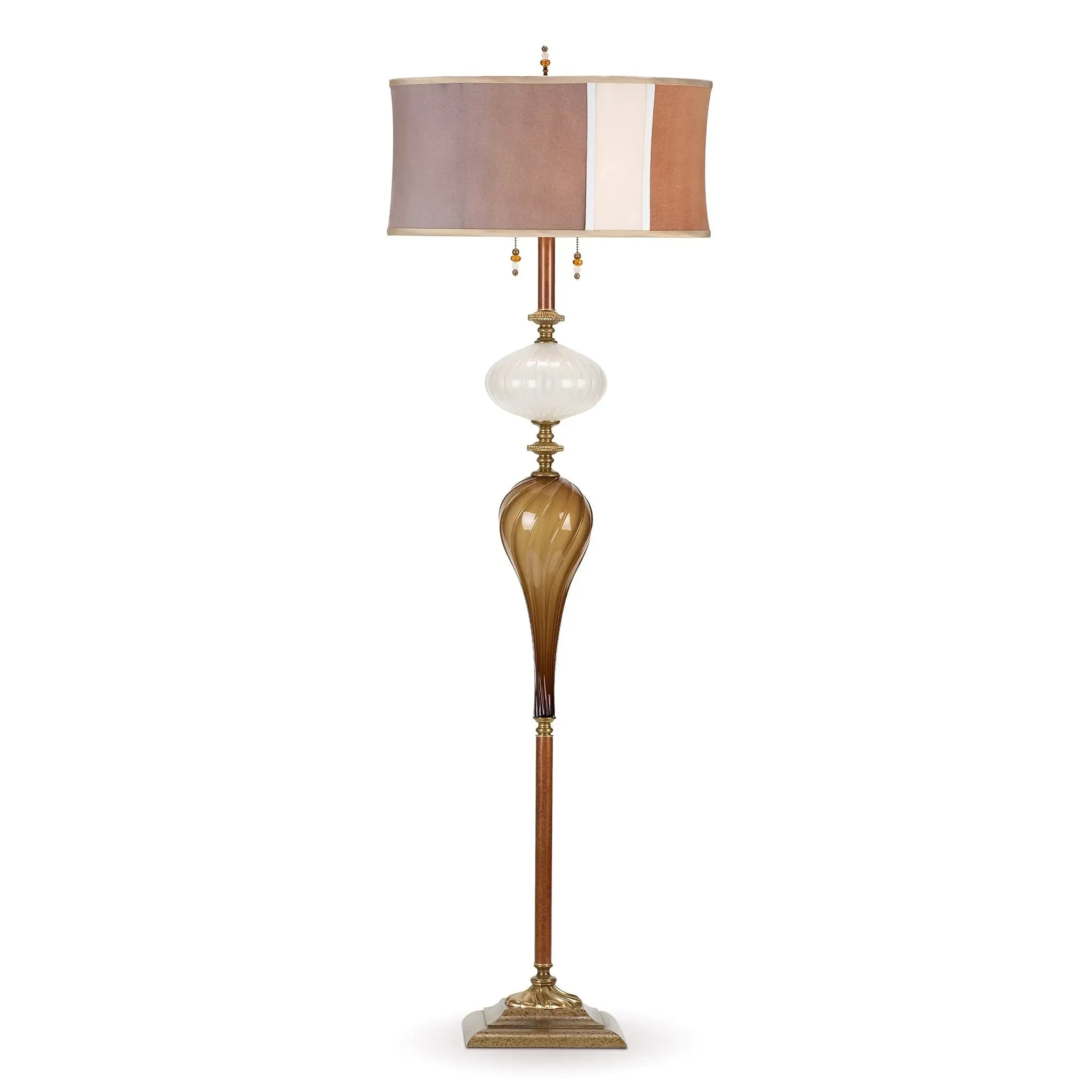 Luke Floor Lamp F230AK175 Colors White and Brown Blown Glass Base with Silk Velvet Neutral Colored Shade Artistic by Kinzig Design