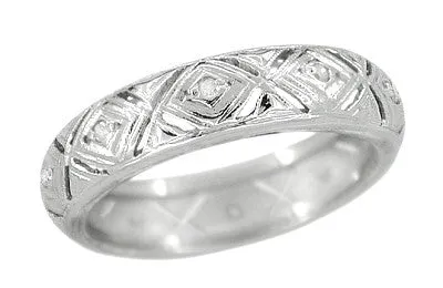 Macedonia Art Deco Diamond Estate Wedding Band in 14 Karat White Gold - Size 6 1/2