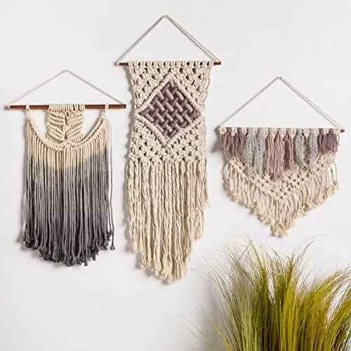 Macramé Woven Mid-Size Swag Wall Hanging | Dip-Dye Gray Ombré Knotted Fiber Art | 16" x 17"