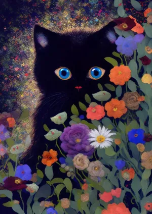 Magical Black Cat printable Monet Style Black Cat Floral Art Poster Cottagecore Fairycore Home Wall Art Poster Print Floral Illustration