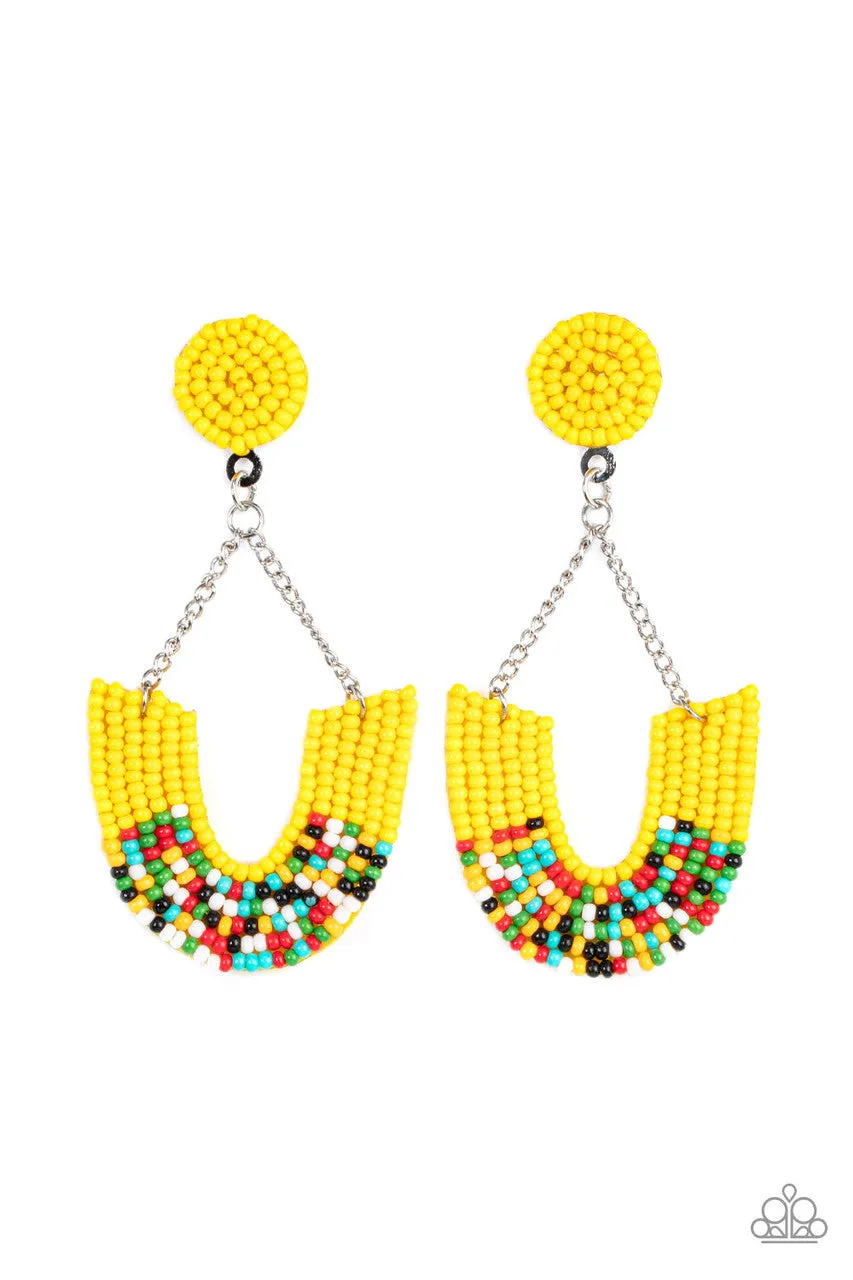 Make It RAINBOW - Yellow - Colored Seed Bead Paparazzi Post Earrings