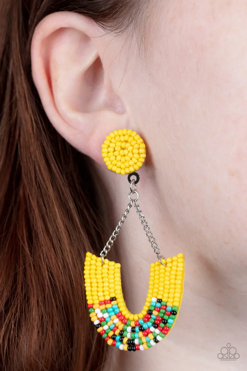 Make It RAINBOW - Yellow - Colored Seed Bead Paparazzi Post Earrings