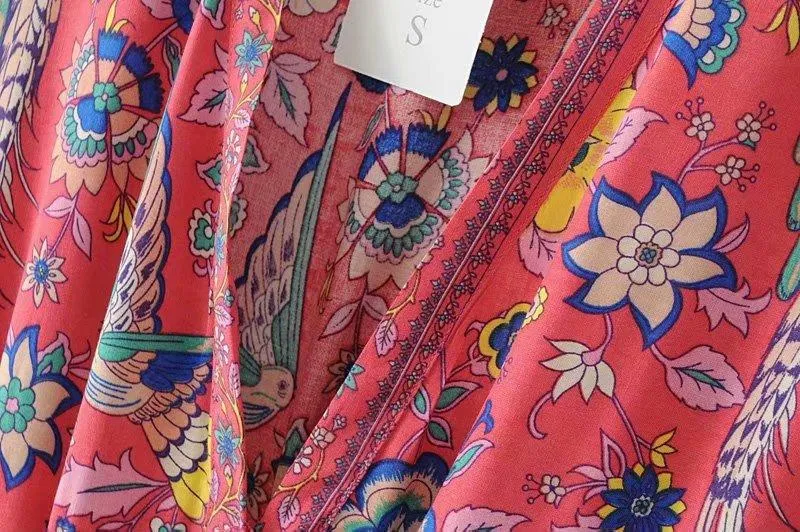 MARYANNE RED Peacock Bohemian Mini Dress