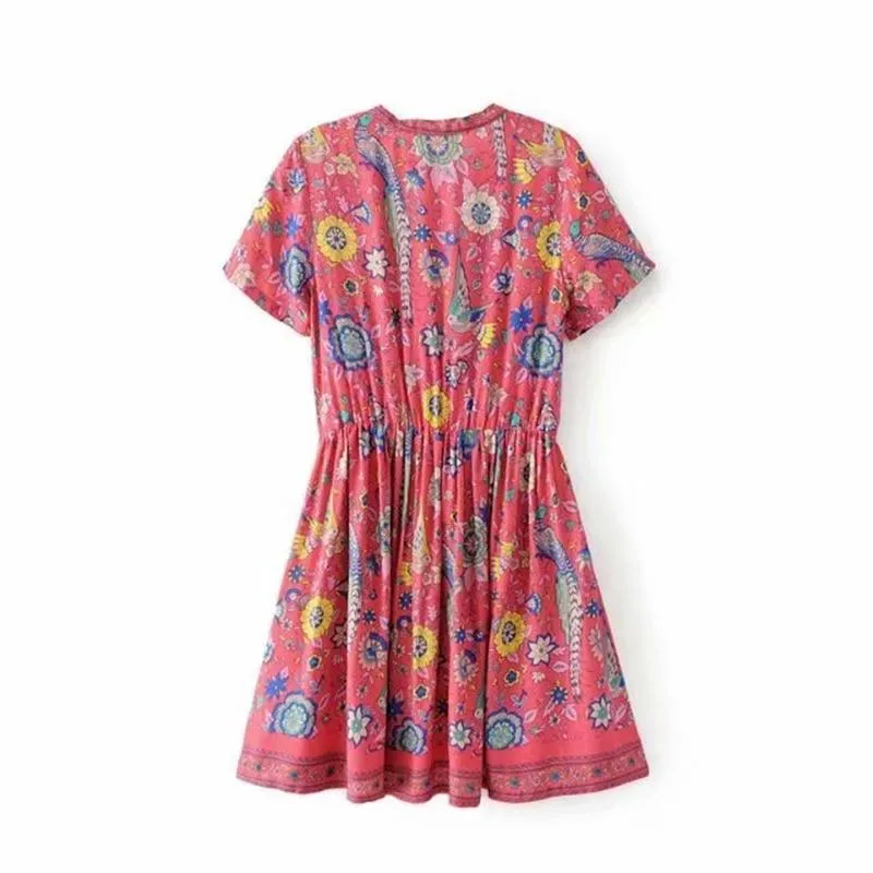MARYANNE RED Peacock Bohemian Mini Dress