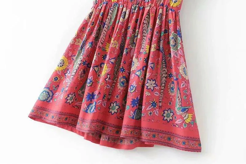 MARYANNE RED Peacock Bohemian Mini Dress