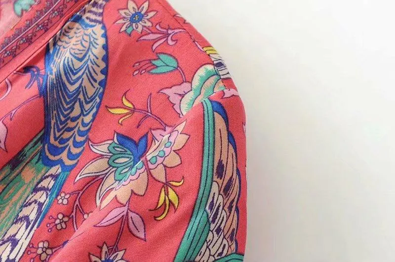 MARYANNE RED Peacock Bohemian Mini Dress