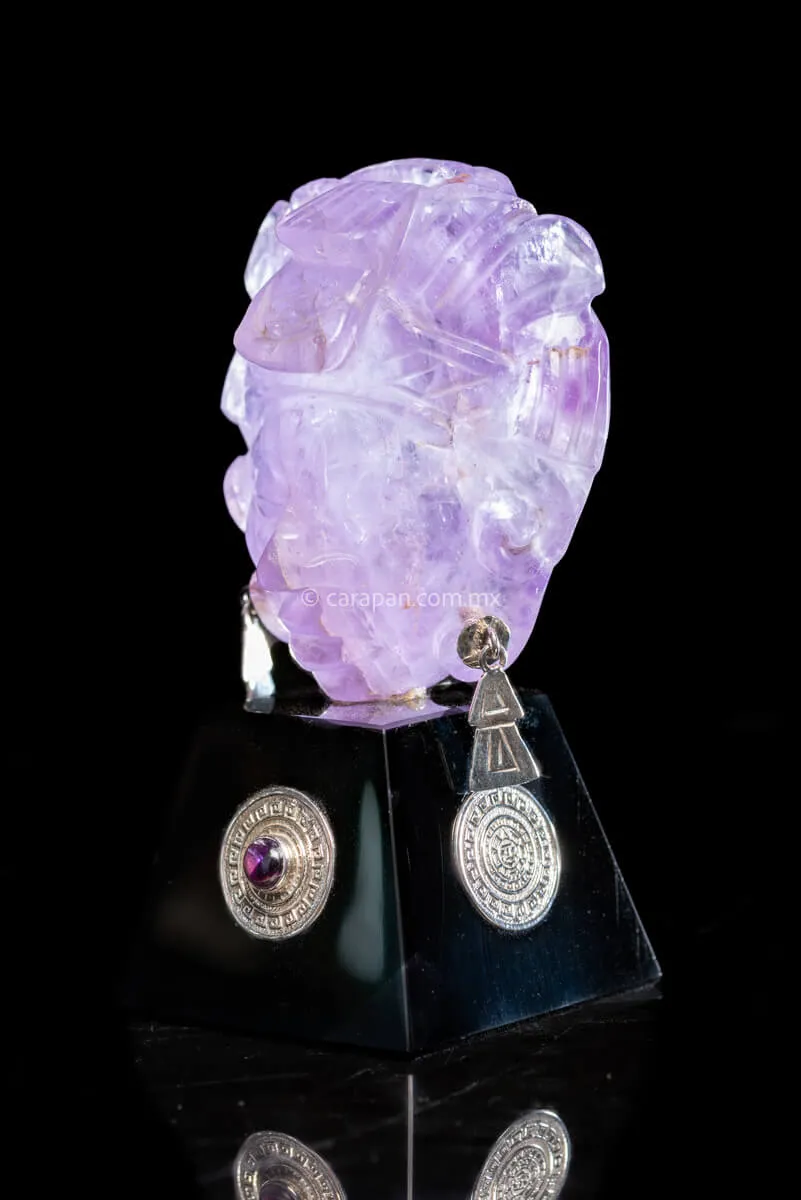 Mayan Amethyst Mask With Silver & Obsidian Base Pre Columbian Style