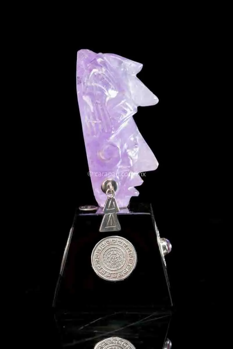 Mayan Amethyst Mask With Silver & Obsidian Base Pre Columbian Style
