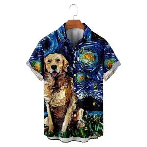 Men's Artistic Oil Painting Star Dog Print Short Sleeves Shirt