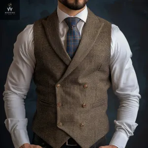 Men's Brown Double Breasted Waistcoat - Wedding Vest for Groom & Groomsmen