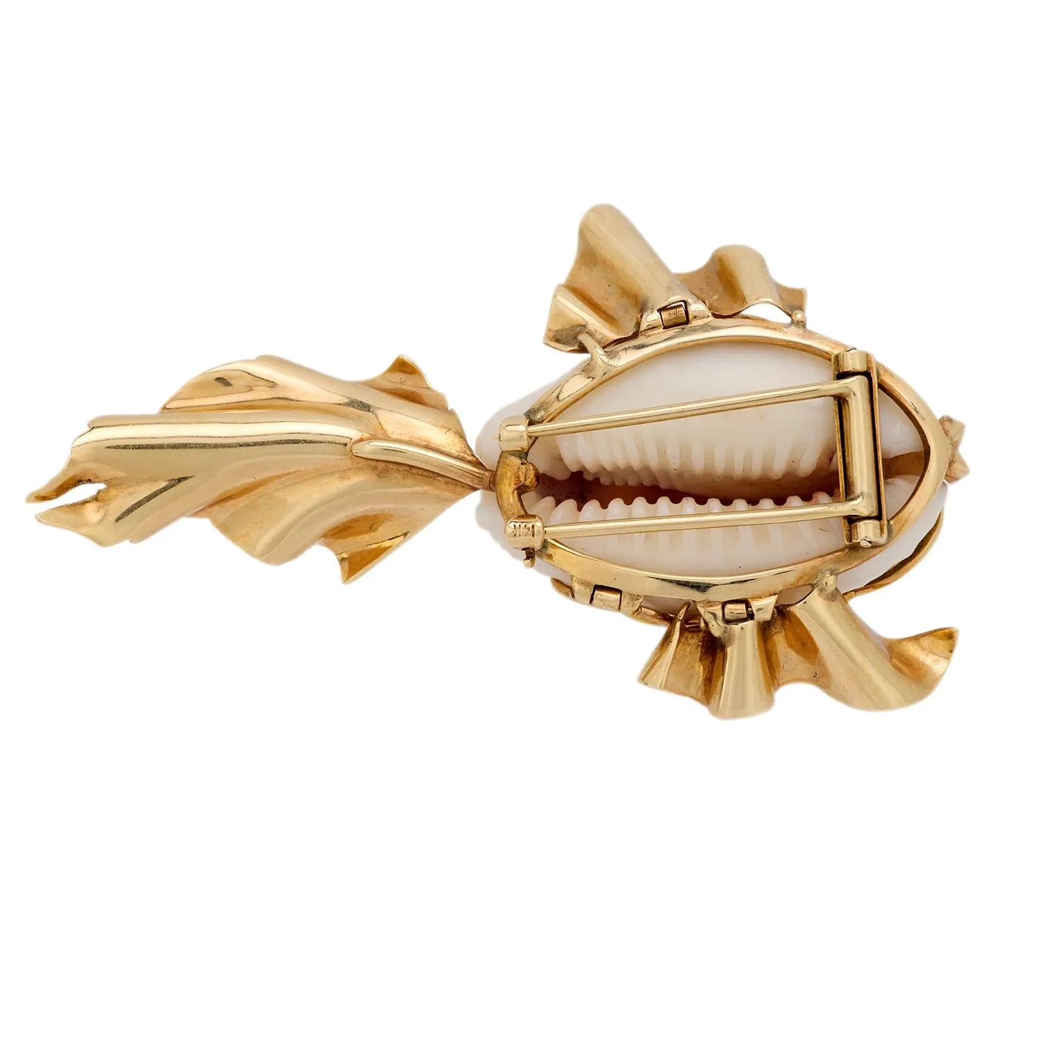 Mid Century cowrie shell ruby 14k yellow gold fish brooch