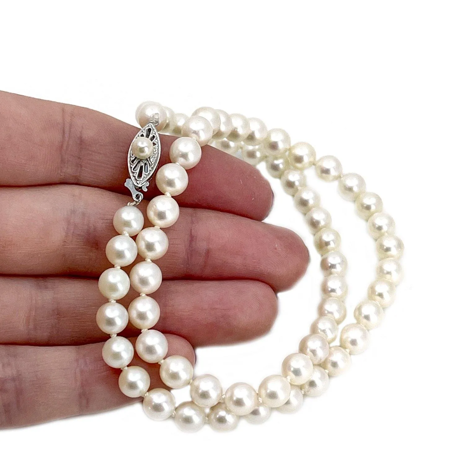 Mid-Century Modern Japanese Saltwater Cultured Akoya Pearl Strand - 14K White Gold 16.50 Inch