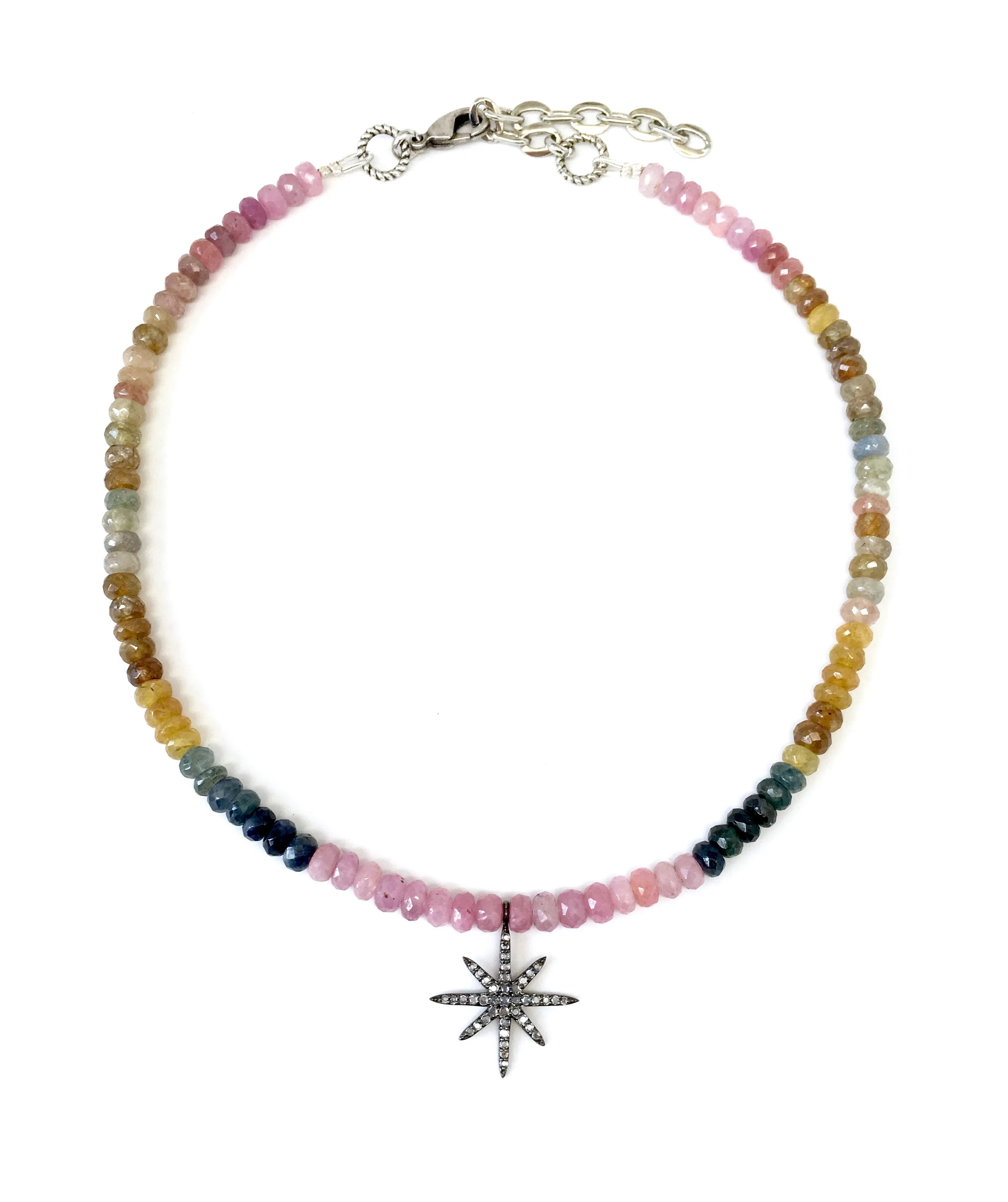 Mini White Sapphire 8-Point Star on Rainbow Sapphire Necklace