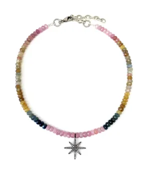 Mini White Sapphire 8-Point Star on Rainbow Sapphire Necklace