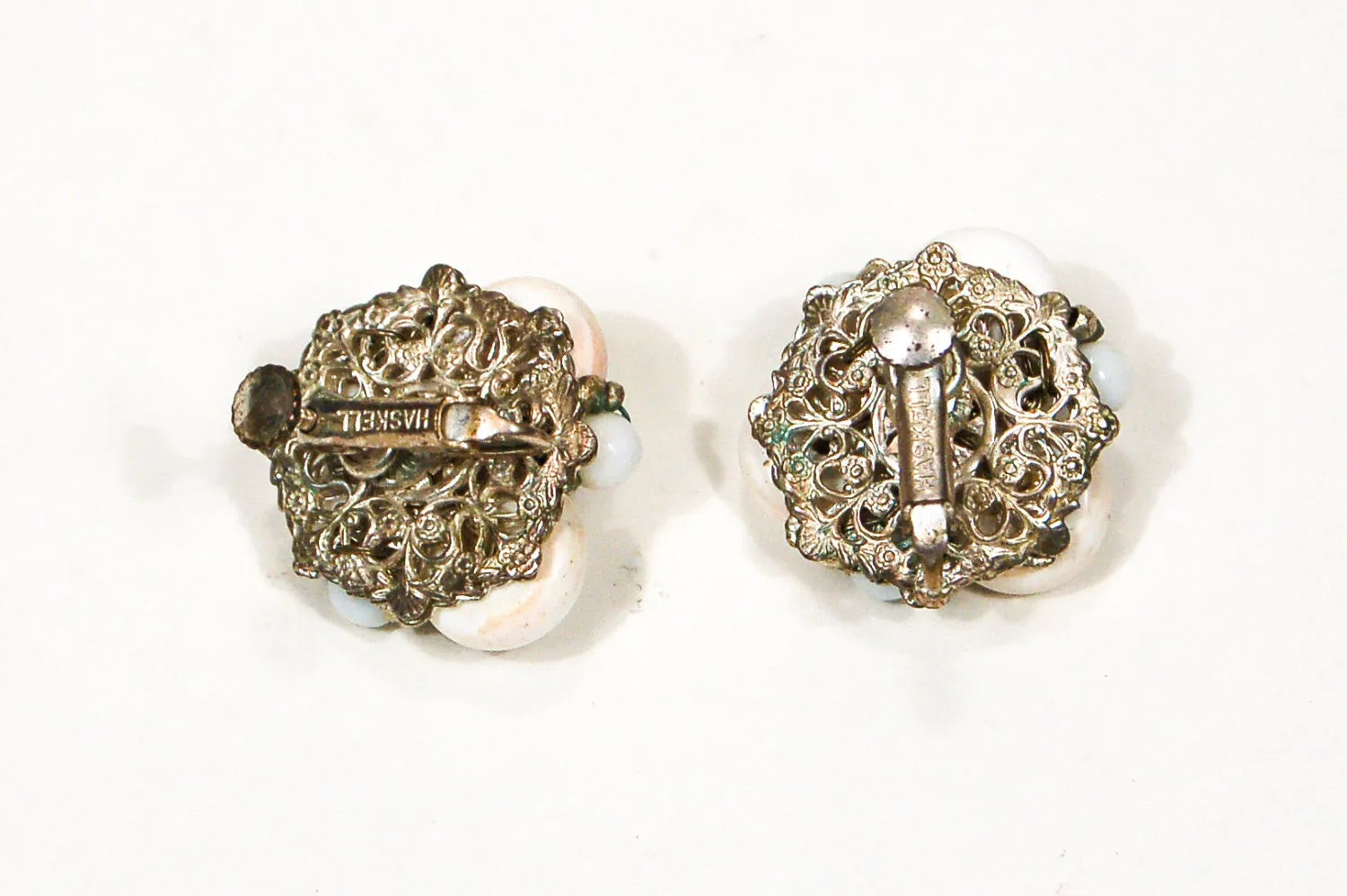 Miriam Haskell White Milk Glass and Silver Filigree Earrings