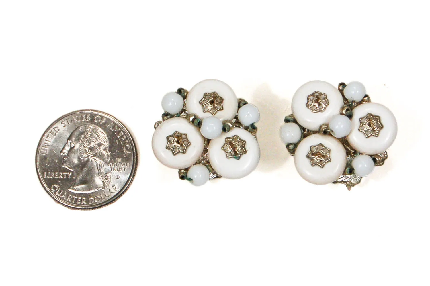 Miriam Haskell White Milk Glass and Silver Filigree Earrings