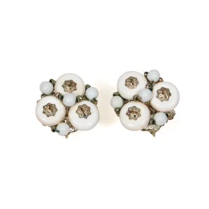 Miriam Haskell White Milk Glass and Silver Filigree Earrings
