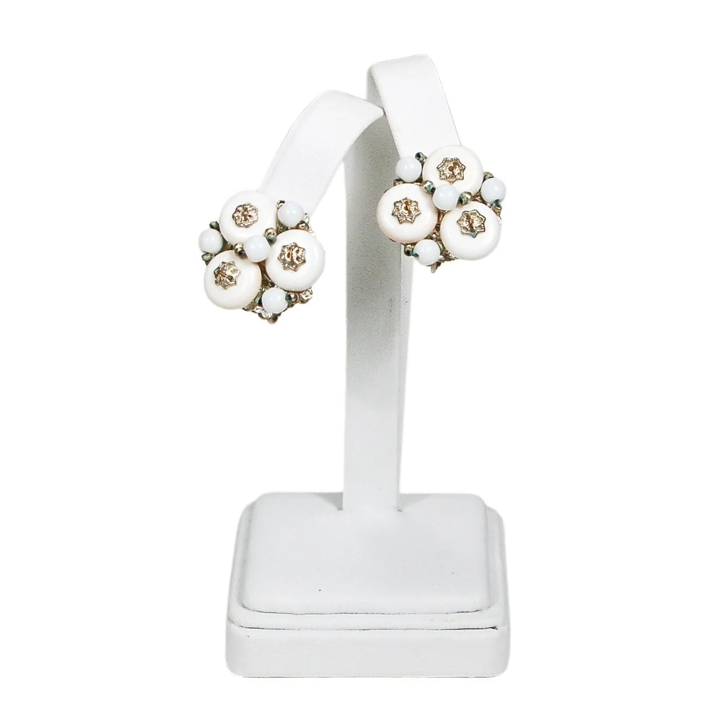 Miriam Haskell White Milk Glass and Silver Filigree Earrings