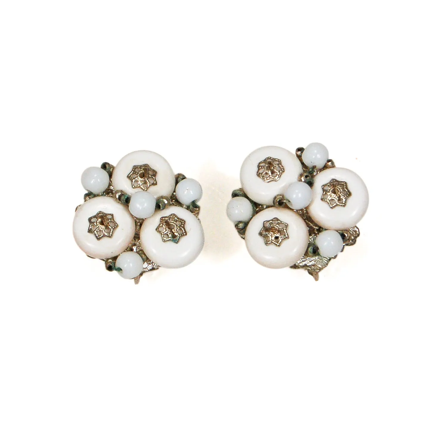 Miriam Haskell White Milk Glass and Silver Filigree Earrings