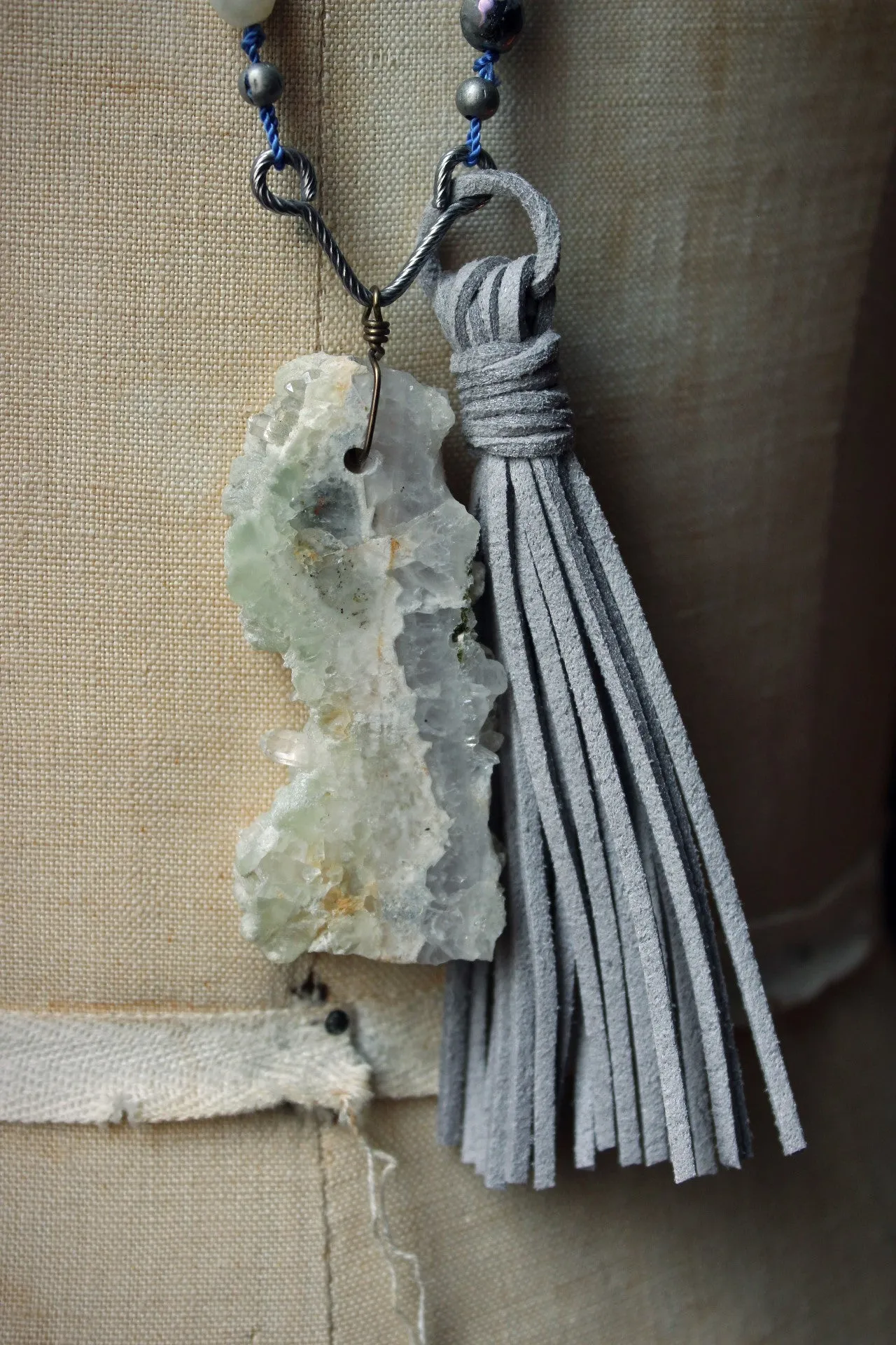 Misty Morn. Hand-knotted Gemstone & Suede Tassel Mala Necklace.