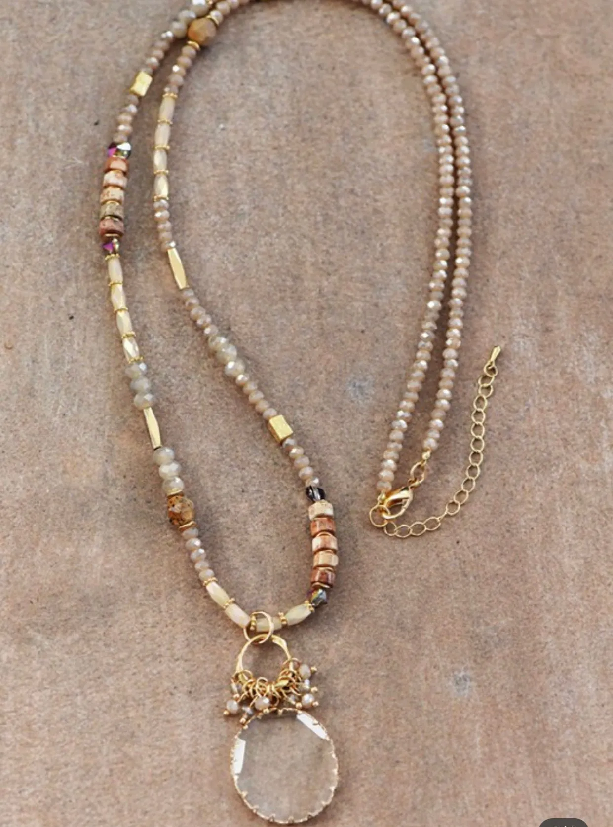 Mixed Stone Bead Necklace with Crystal Pendant
