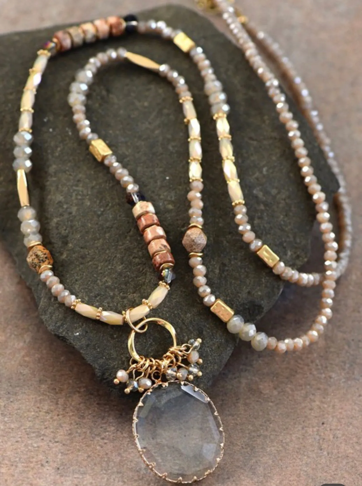 Mixed Stone Bead Necklace with Crystal Pendant
