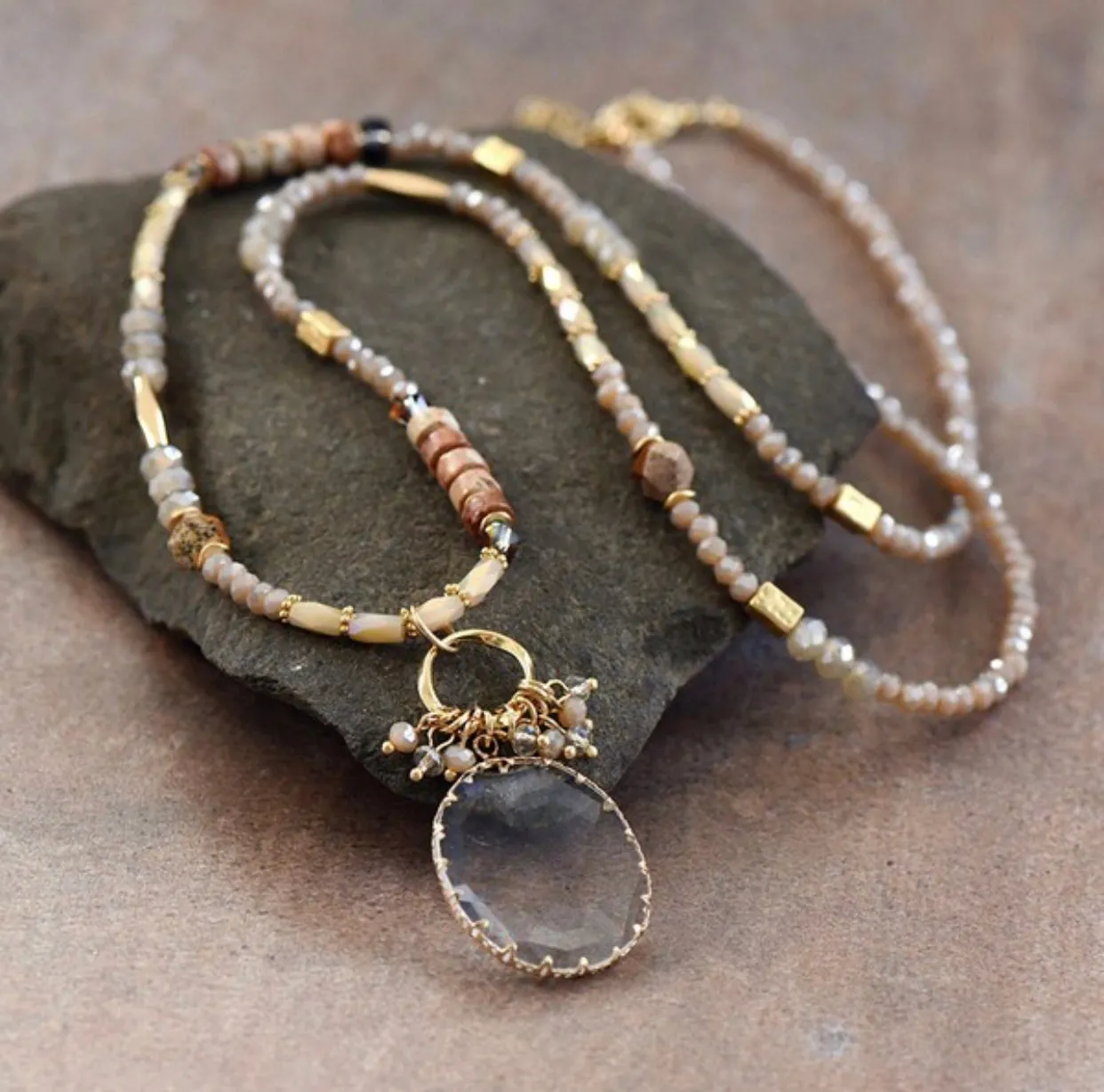 Mixed Stone Bead Necklace with Crystal Pendant