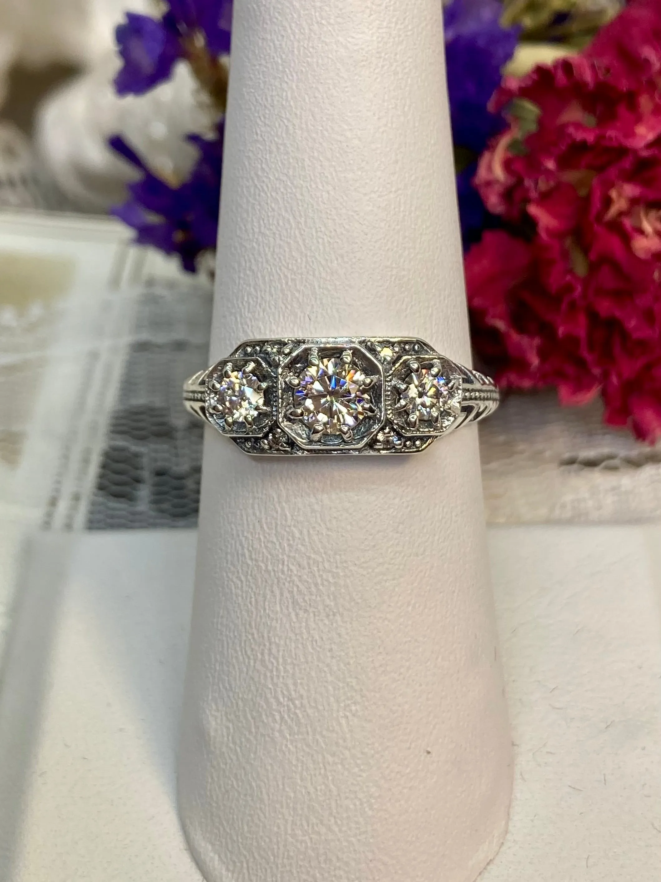 Moissanite Ring, 3-Stone Art Deco Jewelry #D161