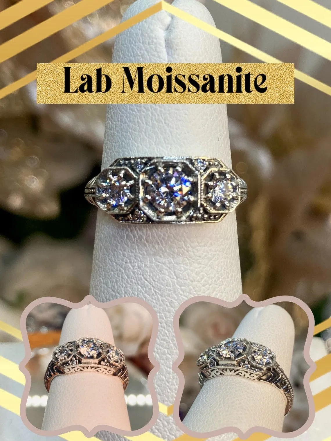 Moissanite Ring, 3-Stone Art Deco Jewelry #D161