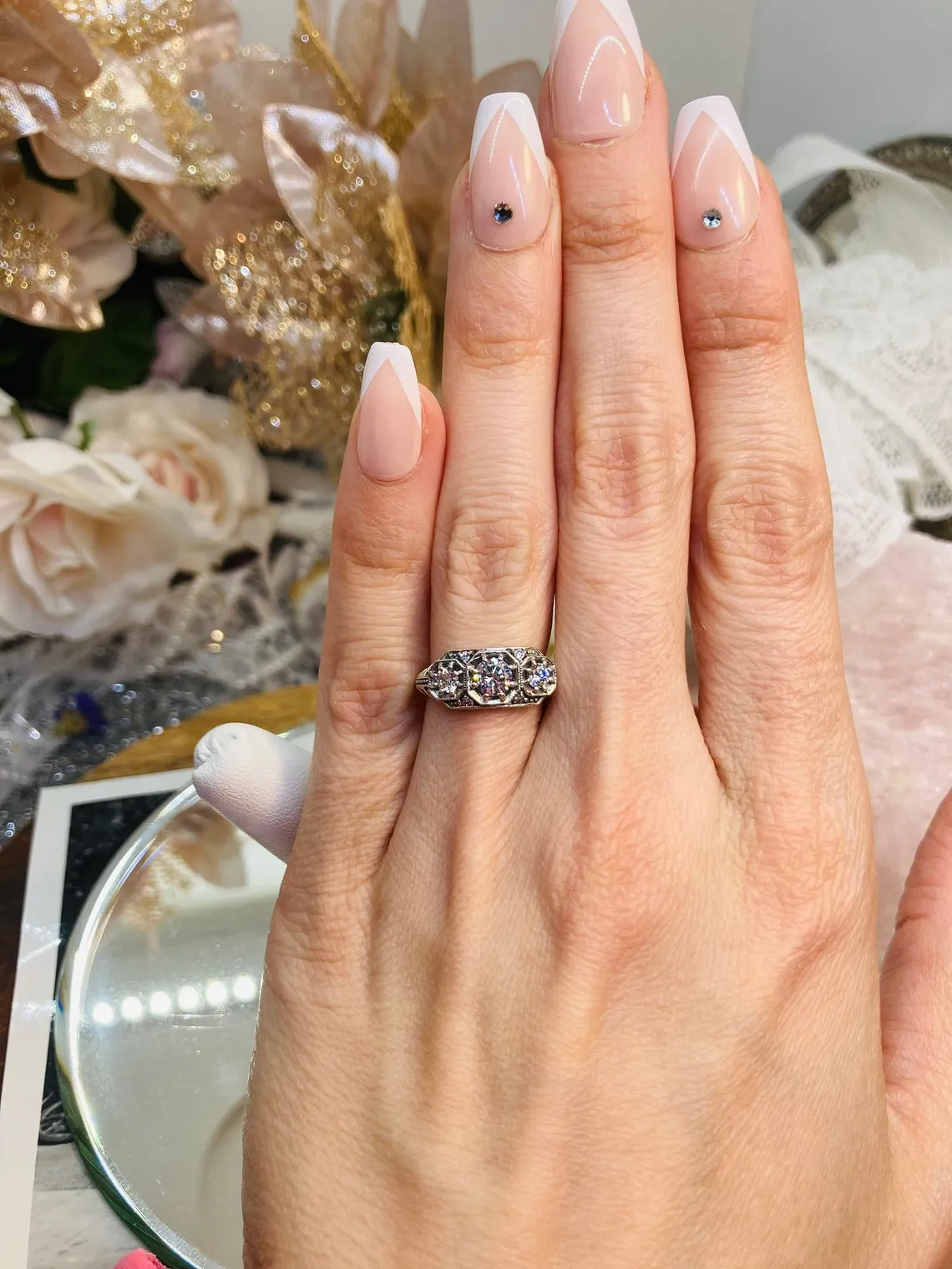 Moissanite Ring, 3-Stone Art Deco Jewelry #D161
