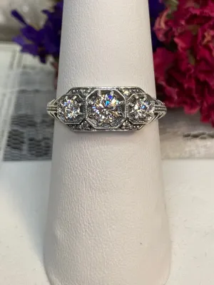 Moissanite Ring, 3-Stone Art Deco Jewelry #D161
