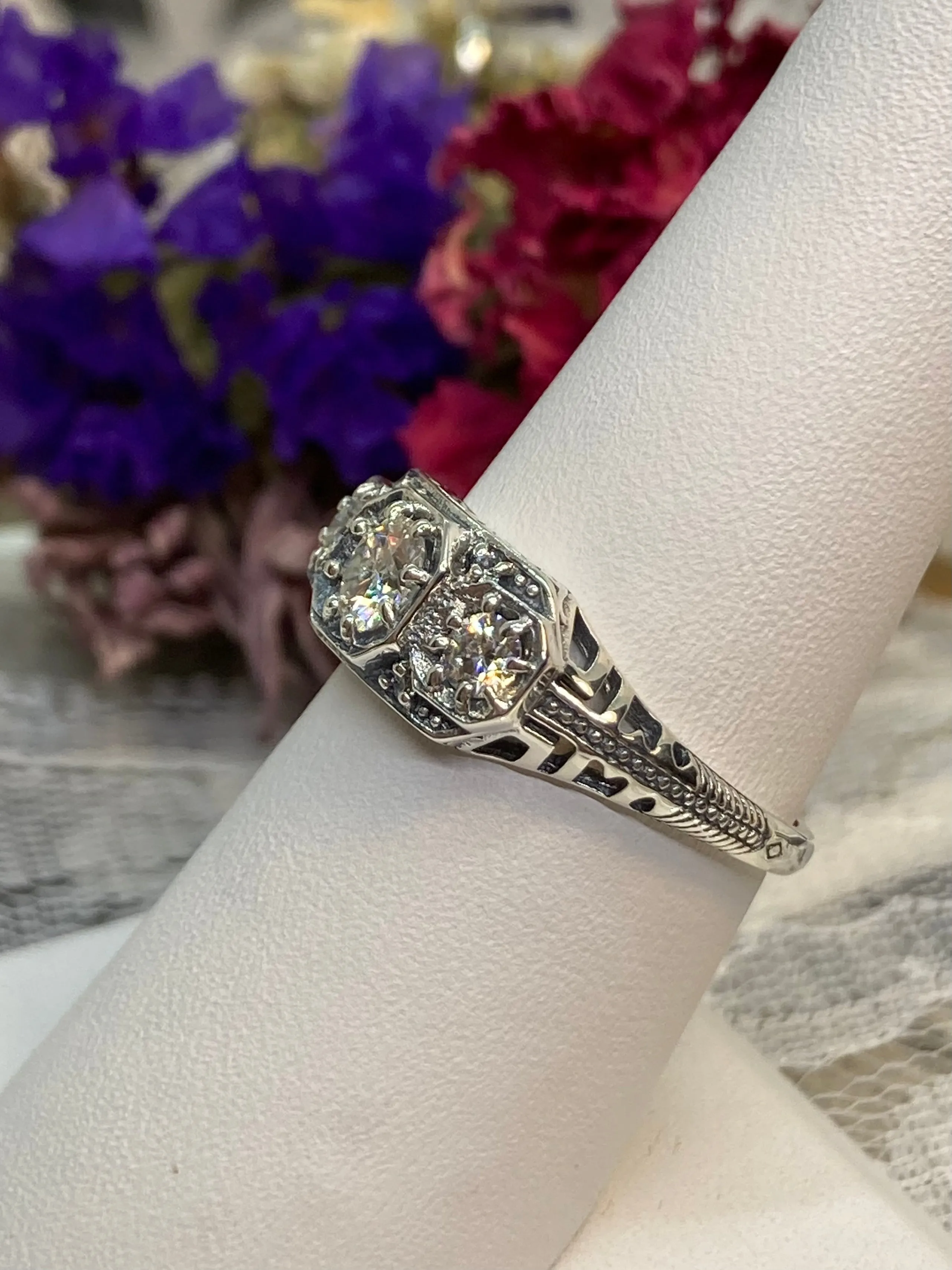 Moissanite Ring, 3-Stone Art Deco Jewelry #D161