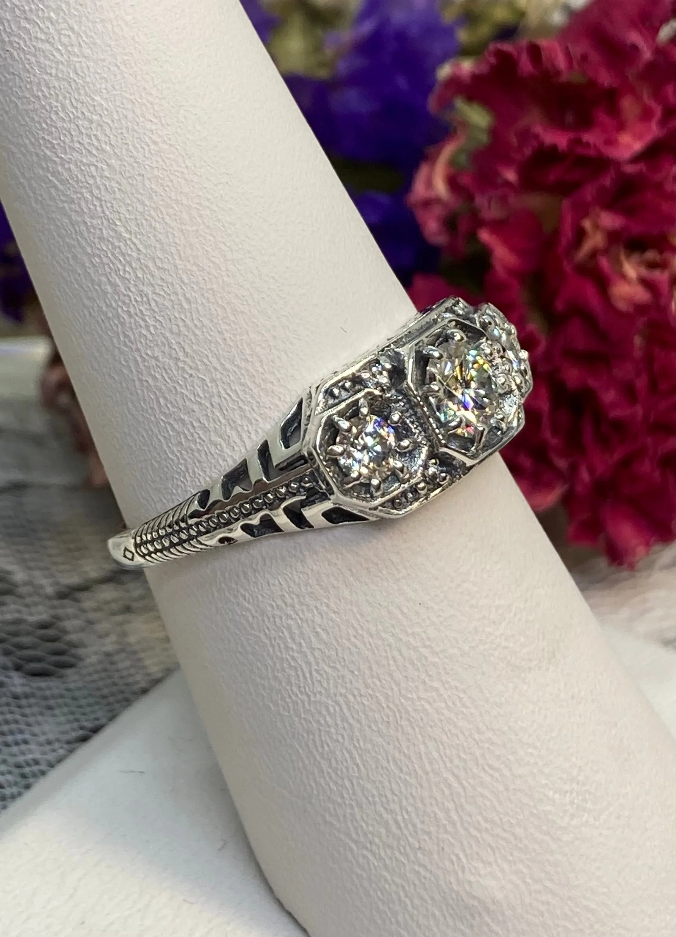 Moissanite Ring, 3-Stone Art Deco Jewelry #D161