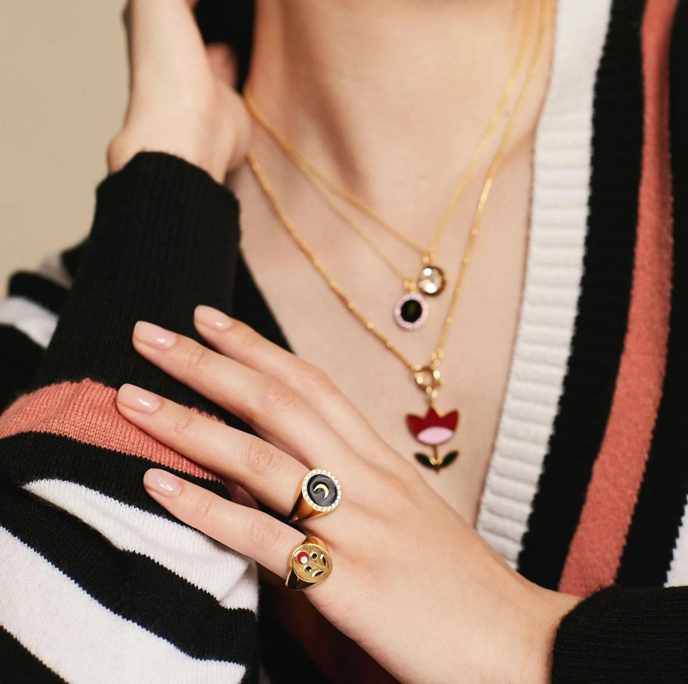 Moon Enamel Crystal Chevalier Ring